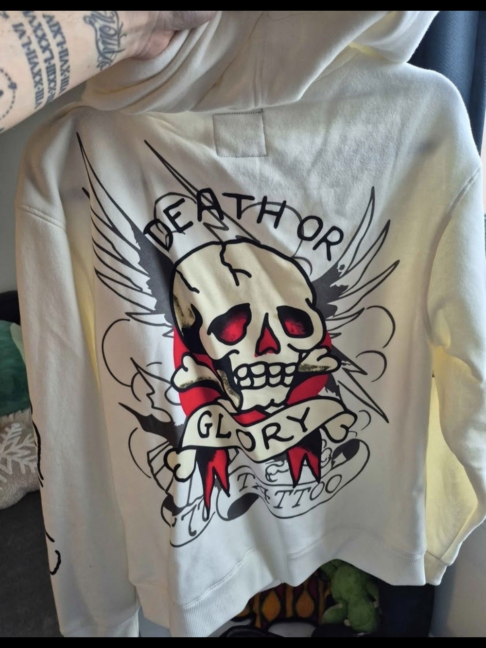 Ed Hardy White Zip-Up Hoodie with Black Tattoo Graphics - Picture 2 of 3